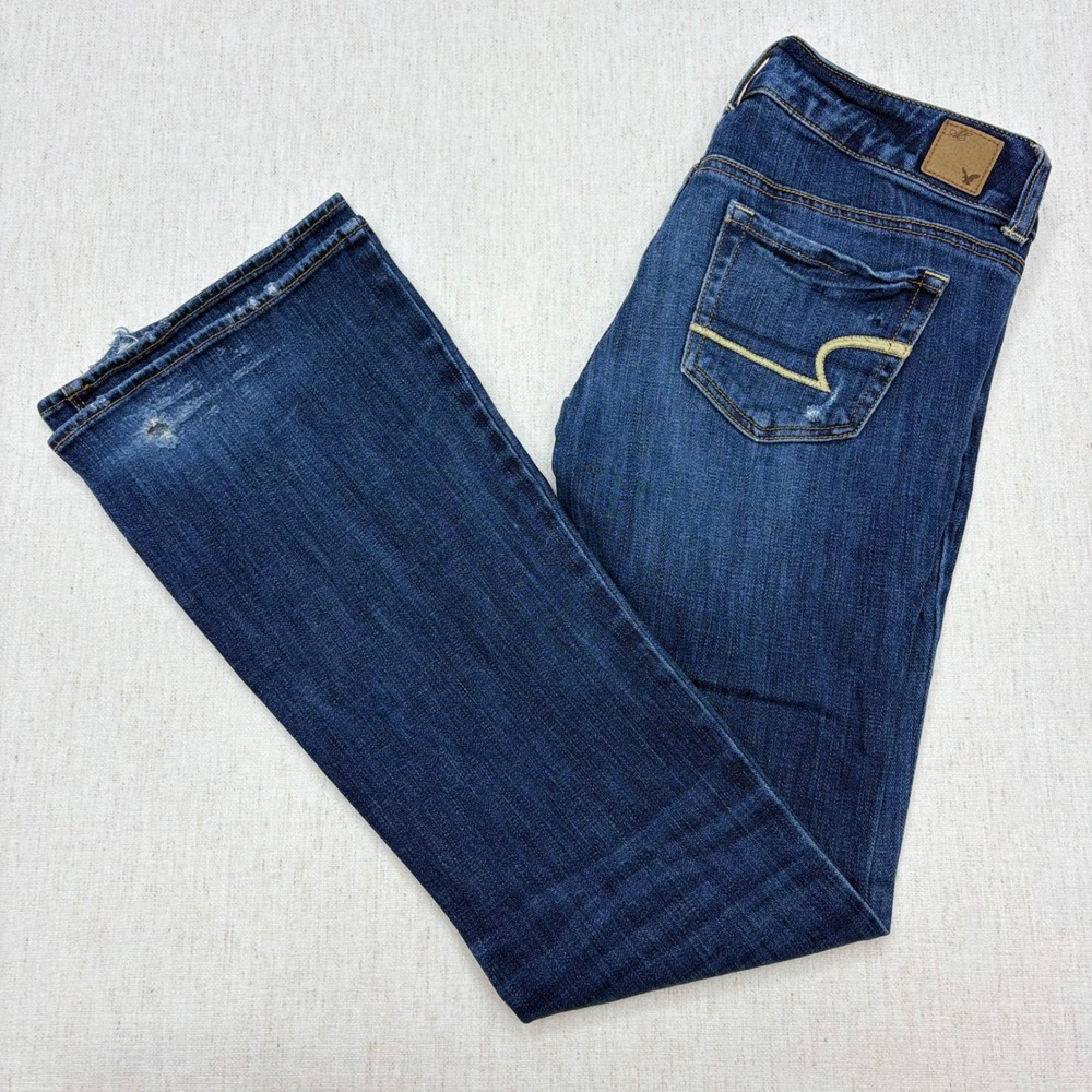 American Eagle Artist Flare Jeans Womens 6 Regular Distressed Dark Wash Low Rise